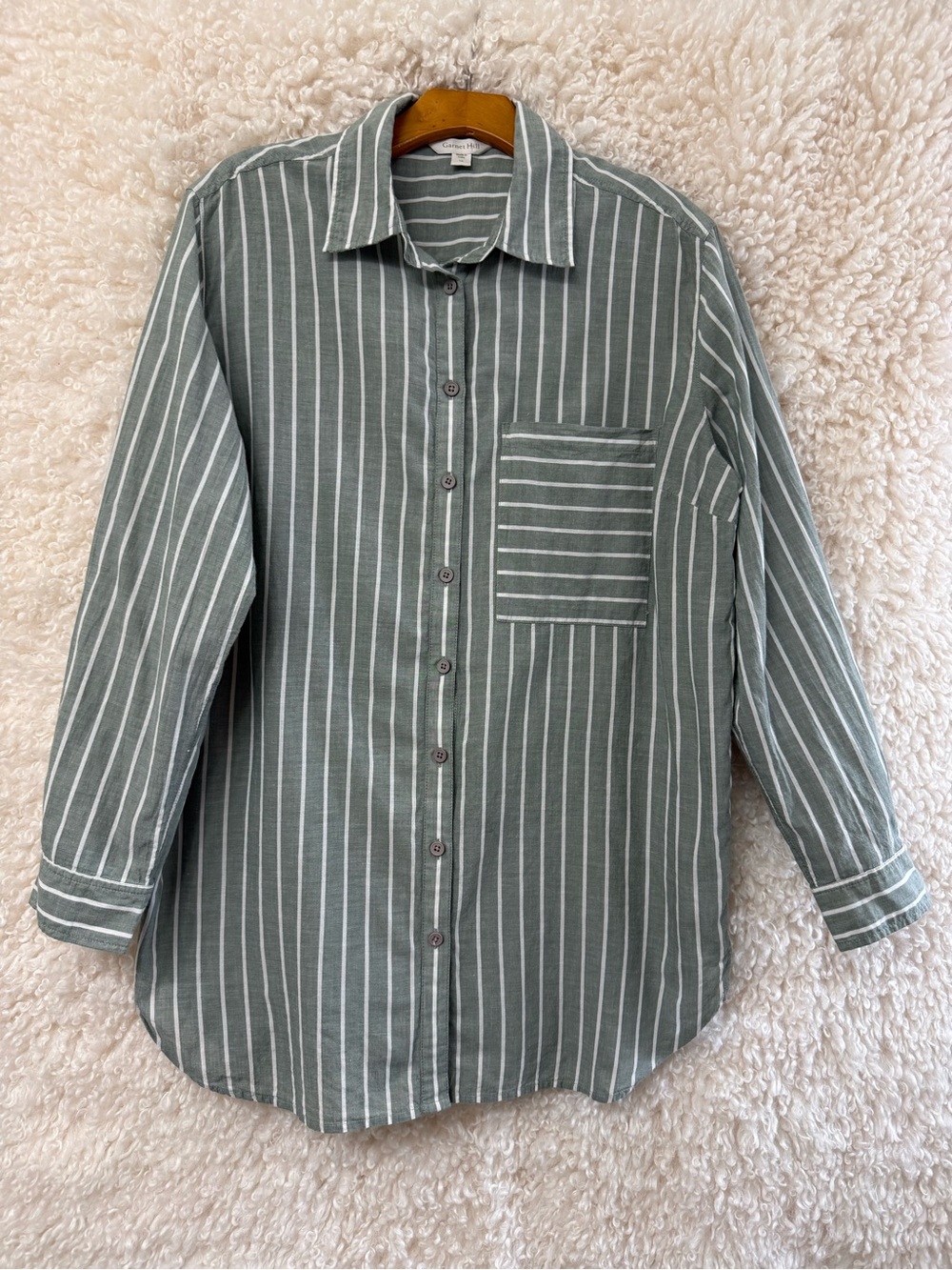 Garnet Hill Green and White Striped Button-Down Shirt